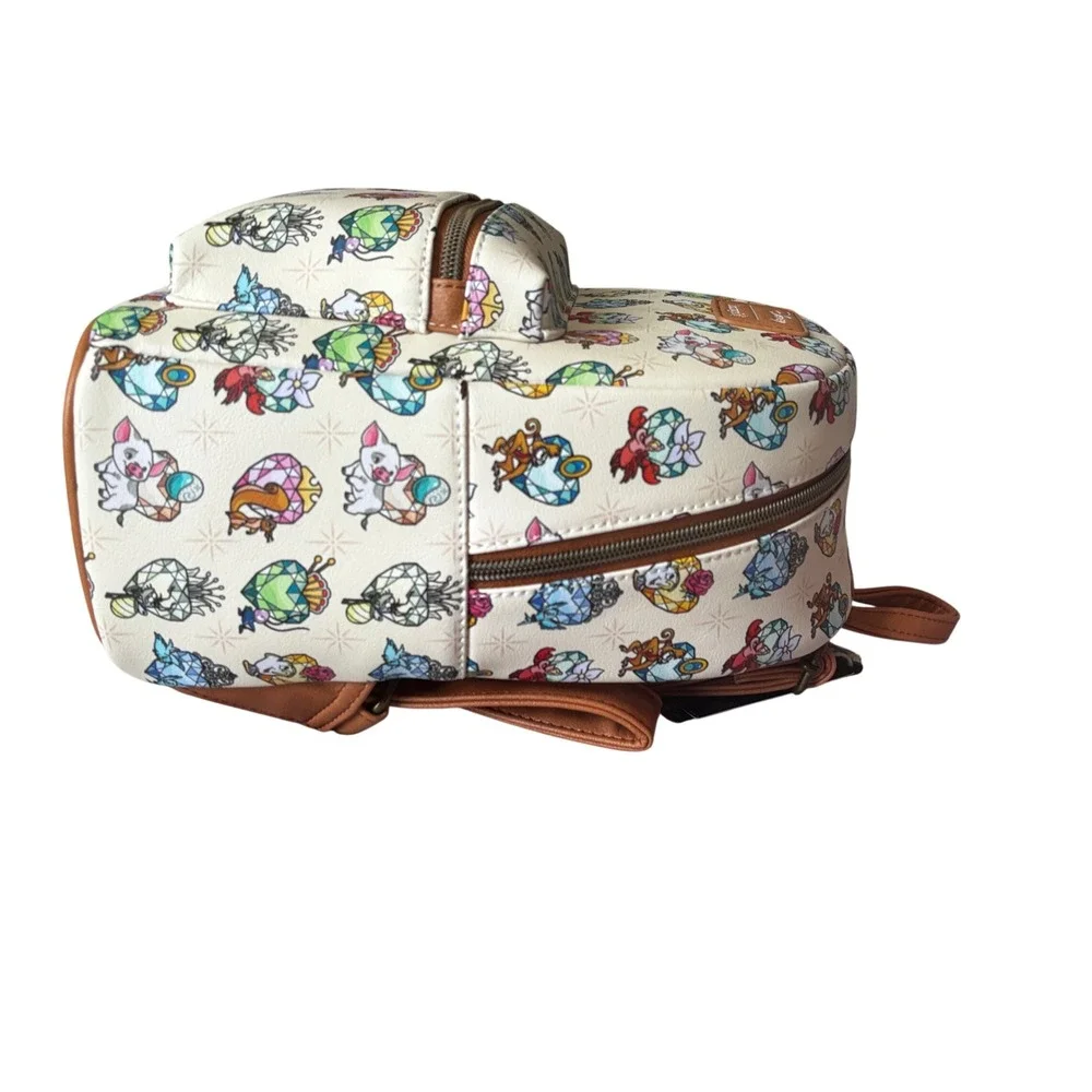 Disney Loungefly Princess Gems Sidekicks AOP Mini Backpack Cream Brown New